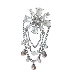 Rhinestone Brooch Pin‎ Dangle Chain Statement Jewelry Silver Tone